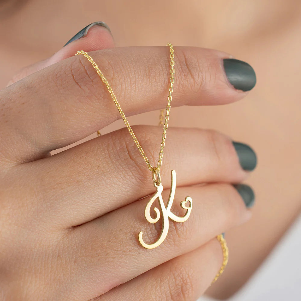 18K Gold Heart Initial Necklace